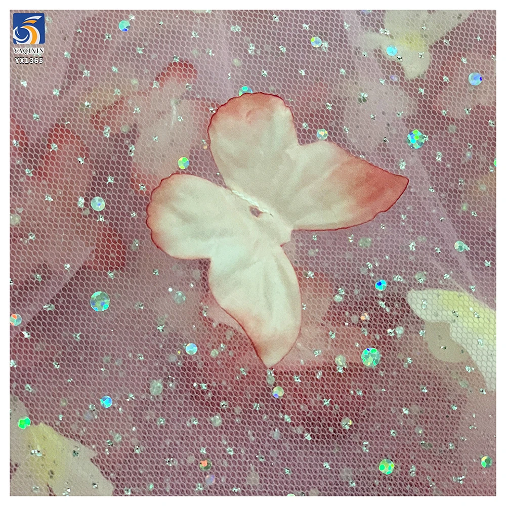 YX1365 New Glitter Tulle Fabric With 3D Diamonds Stones Butterfly Gradient Glitter Polyester Knitted 3D Butterfly Mesh Fabric - 图片 5
