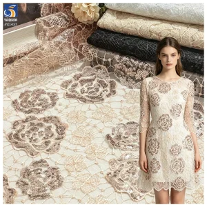 YX1437 Embroidered Big Florals Water Soluble Lace Fabric With 5mm Sequins for Bridal Wedding Dress & Evening Partywear Textile