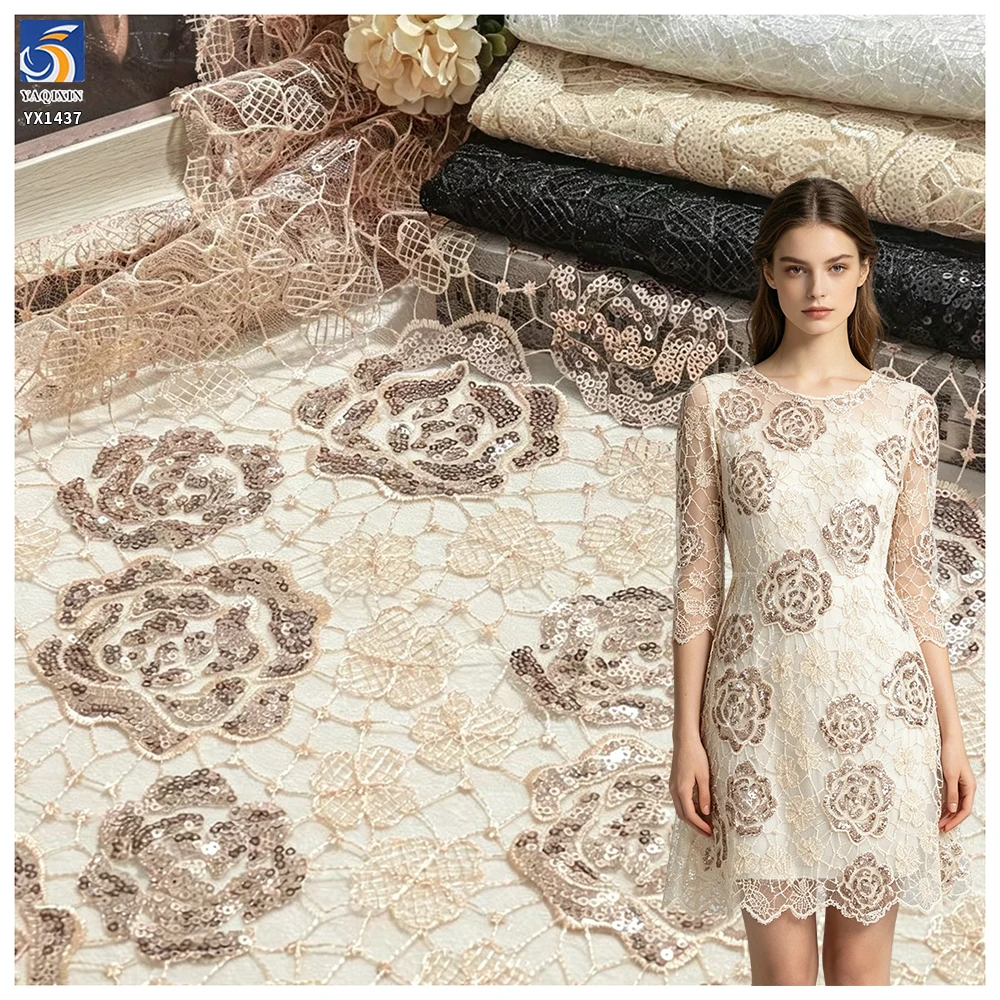 YX1437 Embroidered Big Florals Water Soluble Lace Fabric With 5mm Sequins for Bridal Wedding Dress & Evening Partywear Textile
