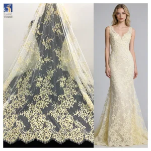 YX1335 European Style Designer Latest Popular 2026 French Lace Fabric Eyelash Custom Dyed Gold Mesh Lace Fabric for Woman