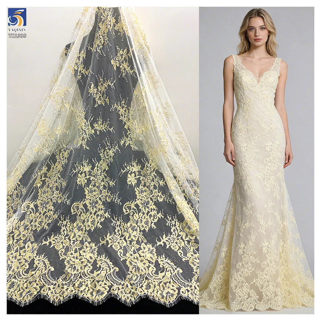 YX1335 European Style Designer Latest Popular 2026 French Lace Fabric Eyelash Custom Dyed Gold Mesh Lace Fabric for Woman