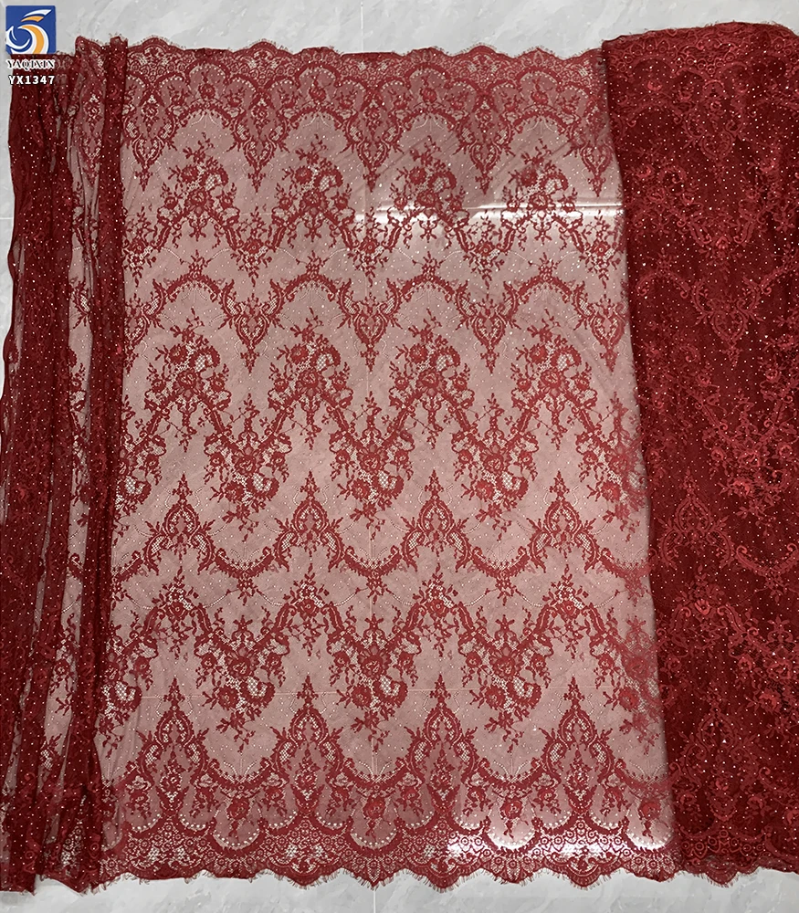 YX1347 2026 Chinese New Year Red Lace Fabric With 3D Shiny Stones Tulle Embroidered Eyelash Lace Fabric for Clothing - 图片 4