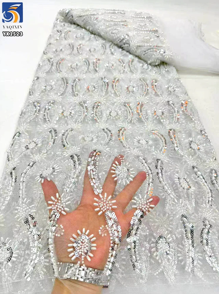 YX1523 Heavy Beaded Sequin Lace Fabric Embroidered Mesh Tulle Fabric With Floral Pattern for Evening Dress and Party Wear - 图片 5