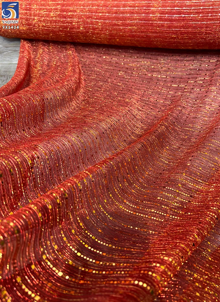 YX1424 145CM 100gsm Gold and Silver Vertical Striped Laser Lurex Shiny Sequins Knit Fabric 2026 Custom Skirt Sequins Fabric - 图片 2