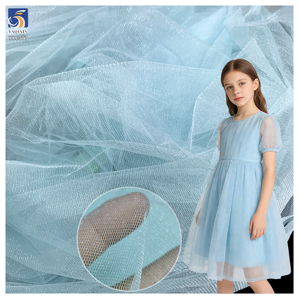 YX1377 China Wholesale Stiff Feel Polyester Glossy Knit Sky Blue Tulle Fabric Mesh Fabric Textile for Clothing Dresses