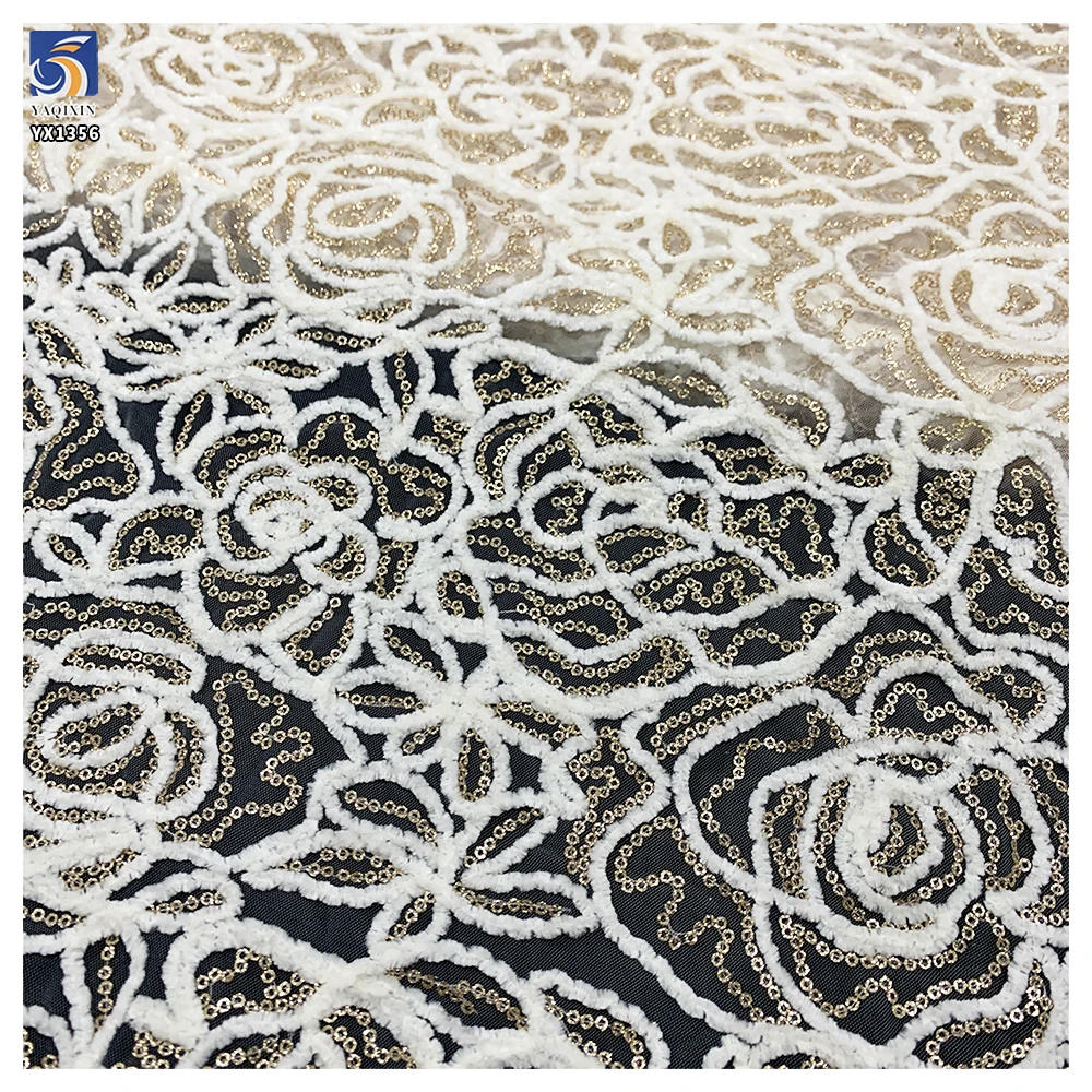 YX1356 130cm 300gsm Latest 2026 White Plush Rope Embroidery Mesh Lace Fabric With Small Gold Sequins for Lace Dress - 图片 6