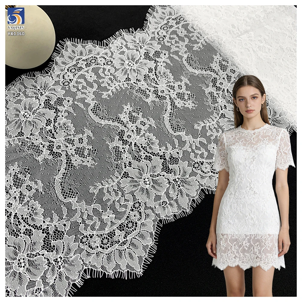 YX1360 Minimum Order of 1 Piece 35CM*300CM White Polyester Mesh Eyelash Lace Fabric for Middle Eastern Wedding Dress Trim