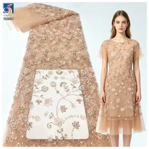 YX1524 2026 Wholesale Champagne Gold Shiny Floral Beaded Sequin Lace Fabric Heavy Embroidered Mesh Tulle for Evening Dress