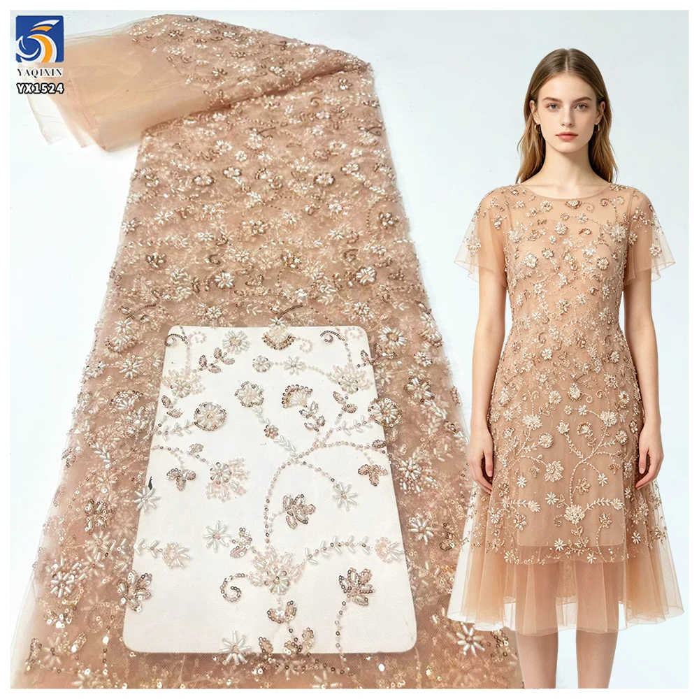 YX1524 2026 Wholesale Champagne Gold Shiny Floral Beaded Sequin Lace Fabric Heavy Embroidered Mesh Tulle for Evening Dress
