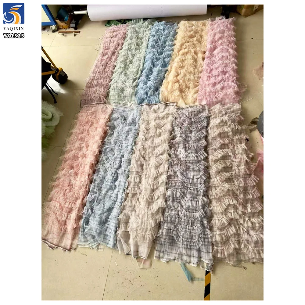 YX1525 New 100 Percent Soft Pleated Ruffle Tulle Fabric Plaid Printed Polyester Mesh Fabric for Women Puffy Skirt - 图片 4