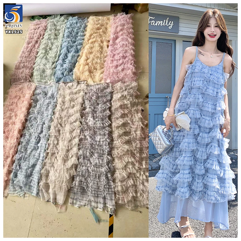 YX1525 New 100 Percent Soft Pleated Ruffle Tulle Fabric Plaid Printed Polyester Mesh Fabric for Women Puffy Skirt