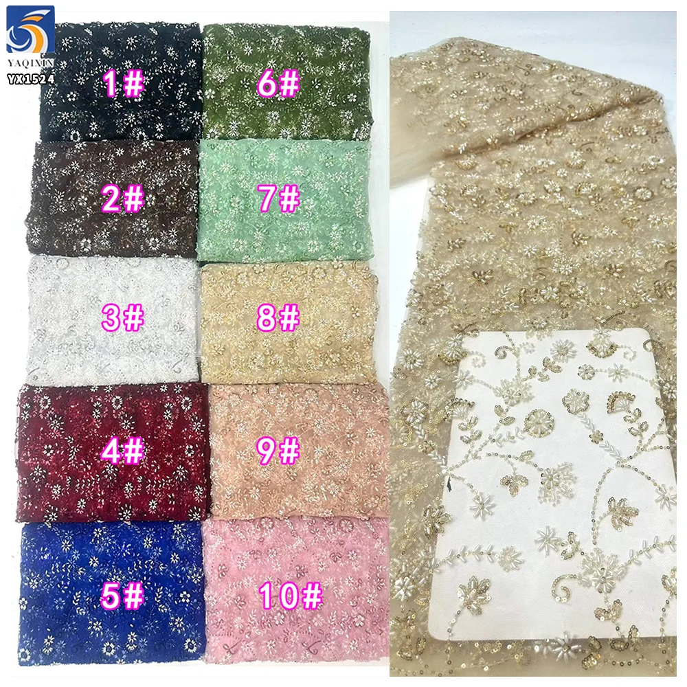 YX1524 2026 Wholesale Champagne Gold Shiny Floral Beaded Sequin Lace Fabric Heavy Embroidered Mesh Tulle for Evening Dress - 图片 5