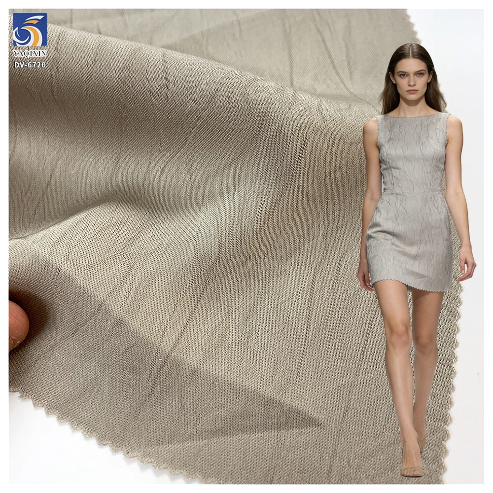 DV-6720 Retro 160g 100% Polyester Double Sided Beige Grey Crushed Satin Fabric Hand Crinkled Texture for Womens Dress