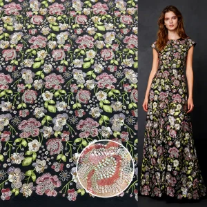 YX1150 Expensive Style Colorful Florals Beads Embroidery Tulle Fabric With Sequins Tulle Fashion Dress Fabrics for Women