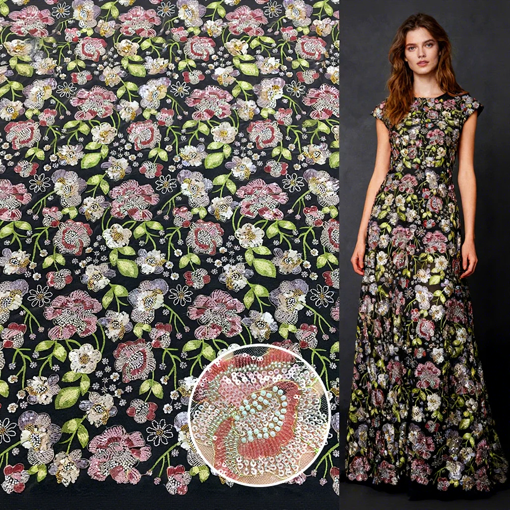 YX1150 Expensive Style Colorful Florals Beads Embroidery Tulle Fabric With Sequins Tulle Fashion Dress Fabrics for Women