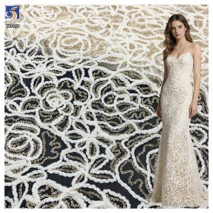 YX1356 130cm 300gsm Latest 2026 White Plush Rope Embroidery Mesh Lace Fabric With Small Gold Sequins for Lace Dress