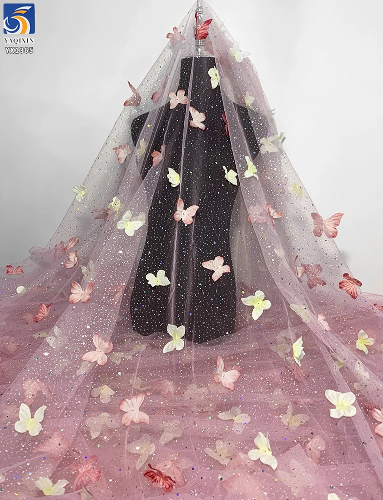 YX1365 New Glitter Tulle Fabric With 3D Diamonds Stones Butterfly Gradient Glitter Polyester Knitted 3D Butterfly Mesh Fabric - 图片 3