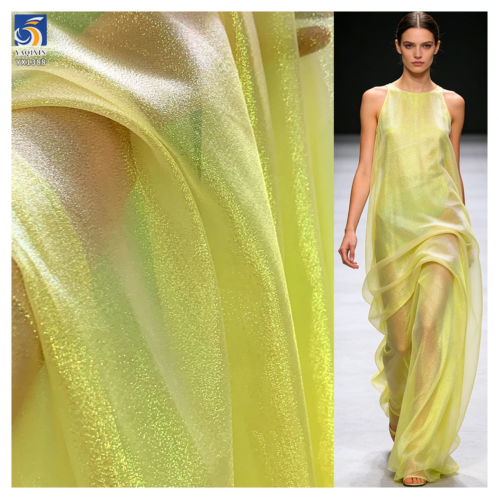 YX1388 45g Top Quality Colorful Rainbow Holographic Transparent Organza Fabric for Clothing Polyester Stiff Organza Fabric