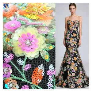 YX1313 Popular Trends Embroidery Fabric 5 Yards Heavy Embroidery Pearl Sequin Flowers Tulle Lace Fabric for Girls Skirts