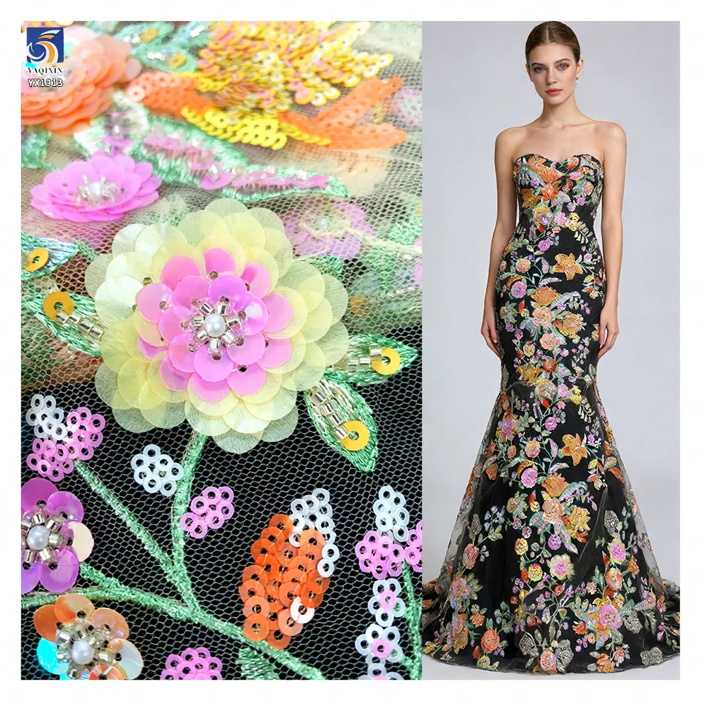 YX1313 Popular Trends Embroidery Fabric 5 Yards Heavy Embroidery Pearl Sequin Flowers Tulle Lace Fabric for Girls Skirts