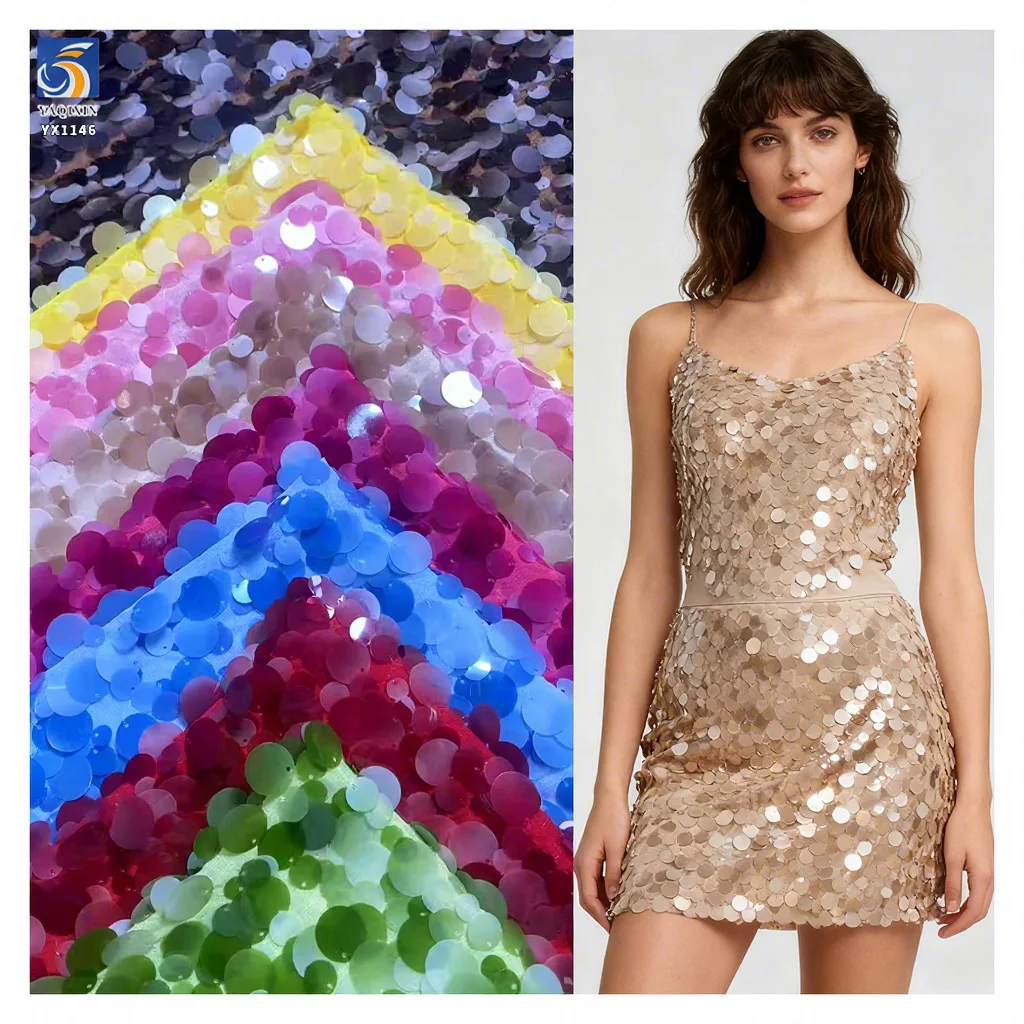YX1146 Foreign Trade Hot 2026 Fashion Khaki Yellow Sequin Fabric 10mm and 12mm Mixed Embroidery Solids Sequin Fabric for Skirt