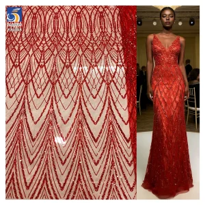 YX1364 New Trends 2026 Nigeria Africa 350gsm Heavyweight Red Glitter Lace Fabrics Red Glittering Net Lace Fabric for Woman