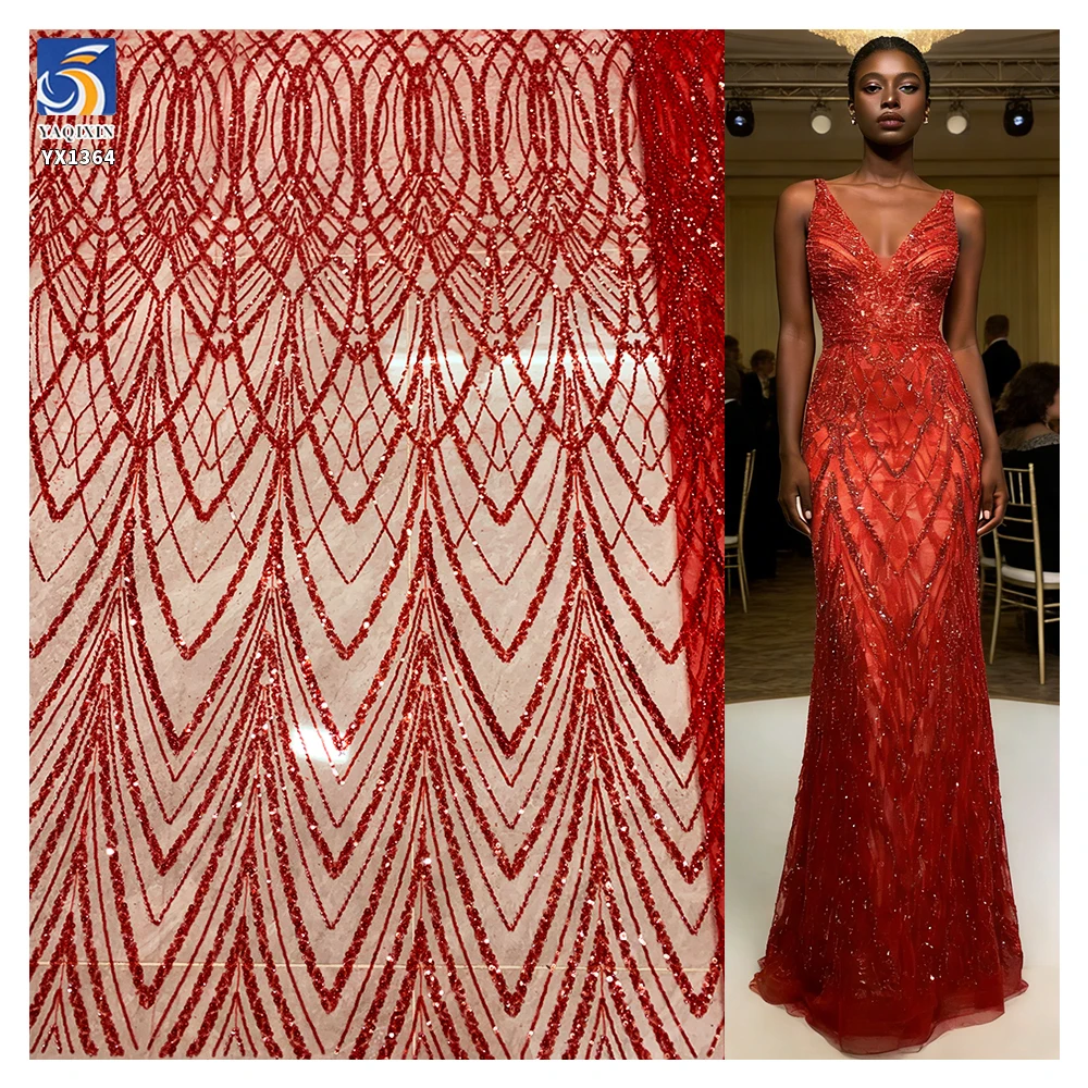 YX1364 New Trends 2026 Nigeria Africa 350gsm Heavyweight Red Glitter Lace Fabrics Red Glittering Net Lace Fabric for Woman