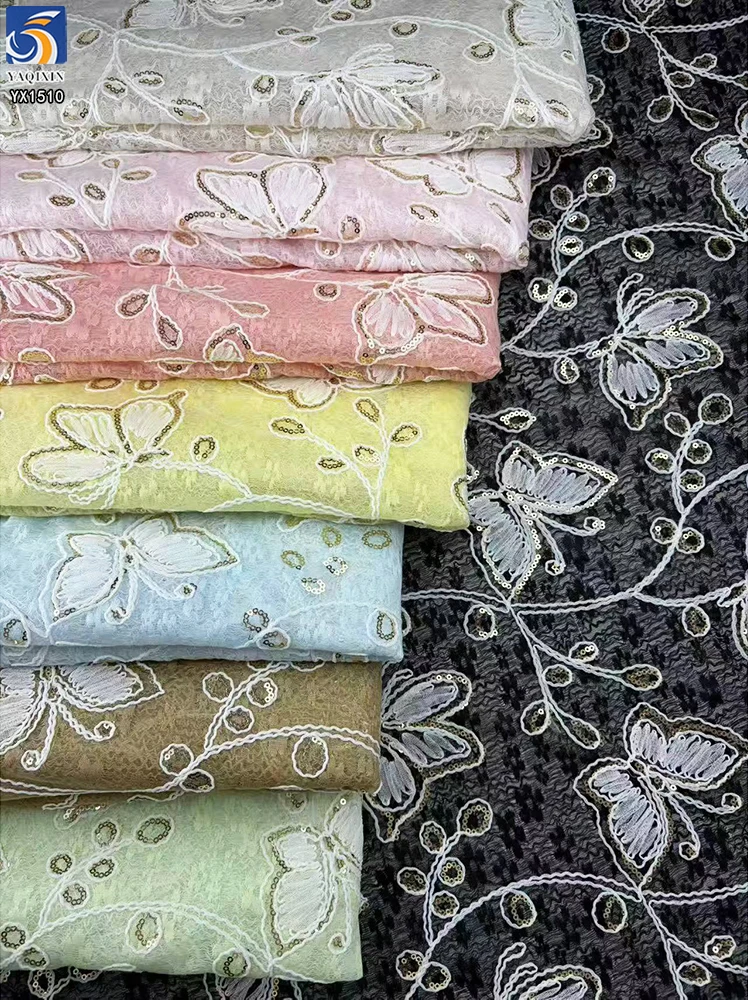 YX1510 Butterfly Embroidered Lace Fabric 140cm 170gsm 100% Polyester Cord Embroidery Lace Fabric for Women's Dresses - 图片 5