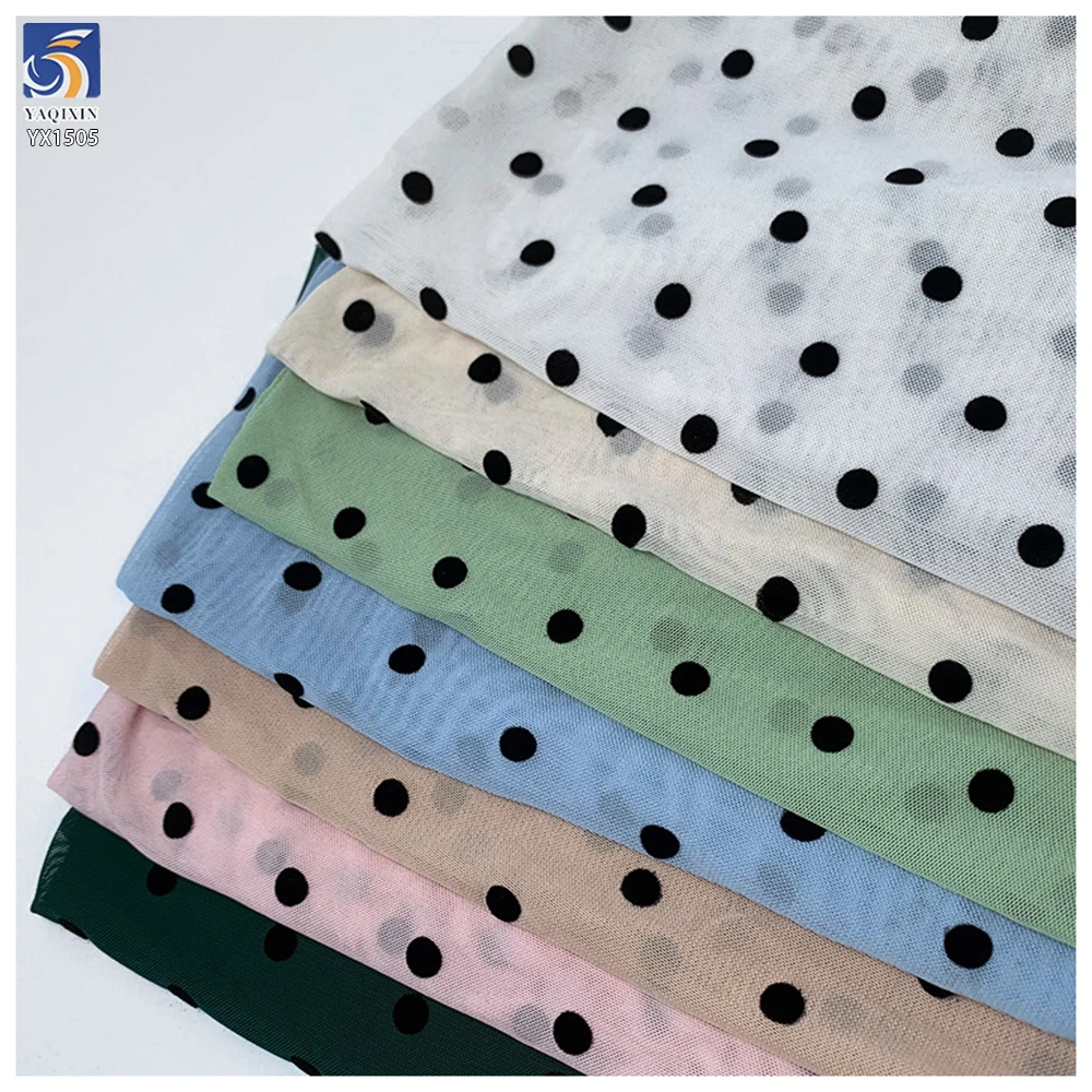 YX1505 Beautiful Stretch Black Flocked Polka Dot Mesh Fabric 92 Polyester 8 Spandex 1cm Dot Tulle Fabric for Women Skirt Dress - 图片 6