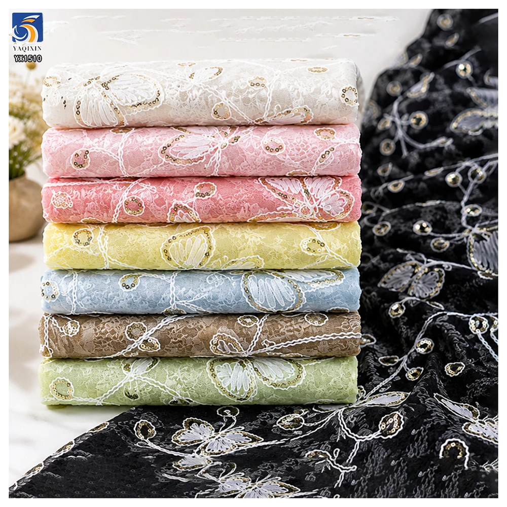 YX1510 Butterfly Embroidered Lace Fabric 140cm 170gsm 100% Polyester Cord Embroidery Lace Fabric for Women's Dresses - 图片 2
