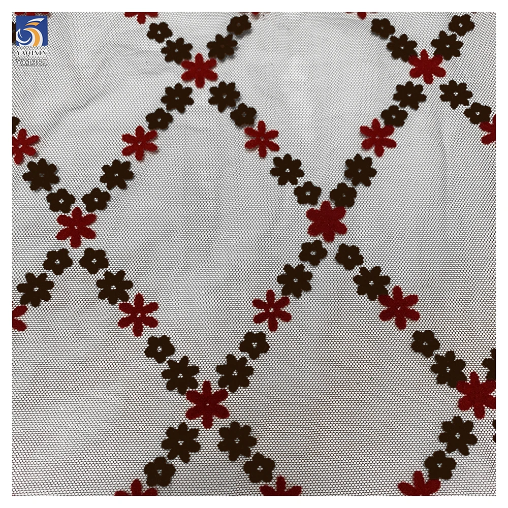 YX1381 Suppliers in Guangzhou China Customization Flock Fabric Knitted Small Florals Flocked Pretty Tulle Mesh Fabrics - 图片 4