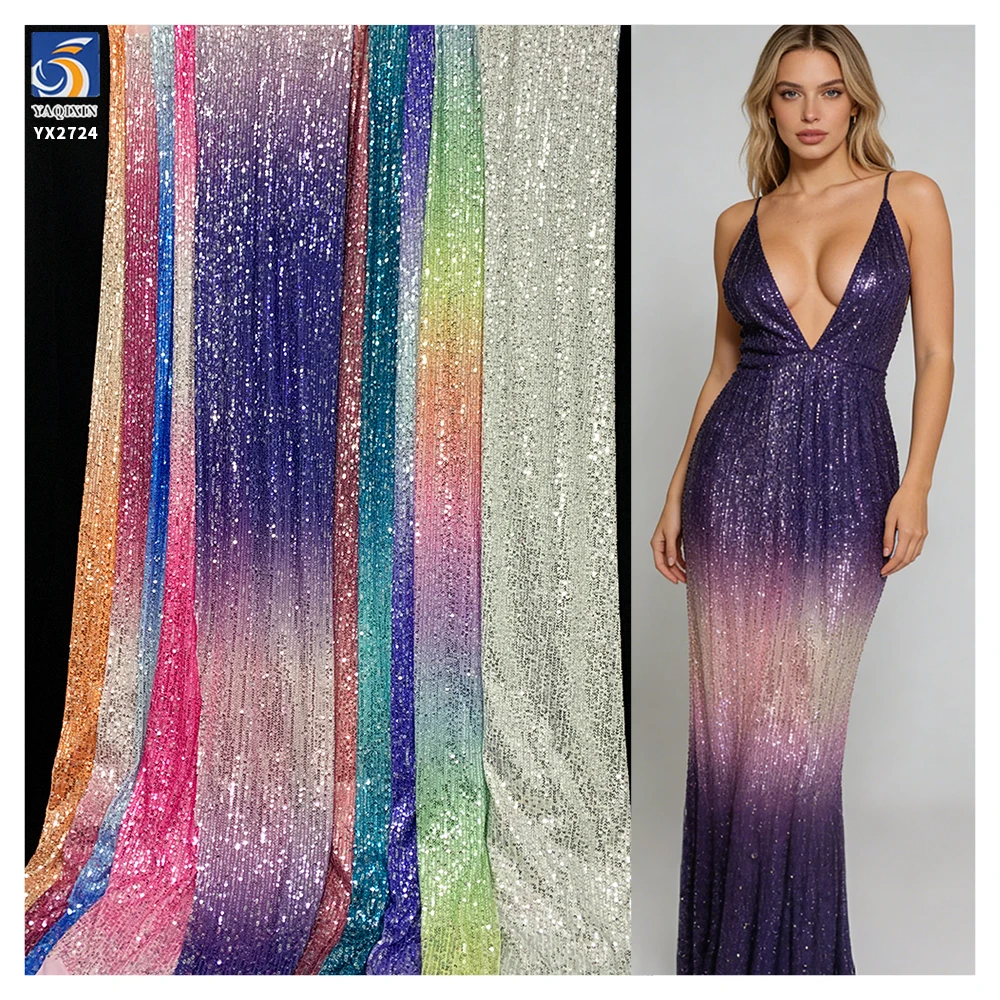 Latest 2024 Digital Print Rainbow Gradient Ombre Sequin Fabric Mesh Stripe Embroidery Glitter Sequin Fabric