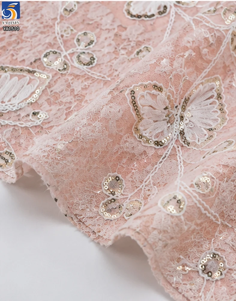 YX1510 Butterfly Embroidered Lace Fabric 140cm 170gsm 100% Polyester Cord Embroidery Lace Fabric for Women's Dresses - 图片 4