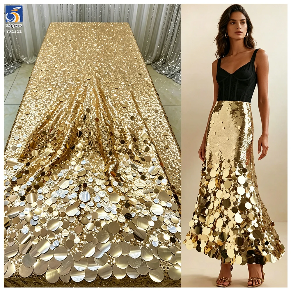 YX1512 European Style Gold Large Paillette Sequin Embroidery Fabric for Evening Dress Skirt and Luxury Fashion Garments