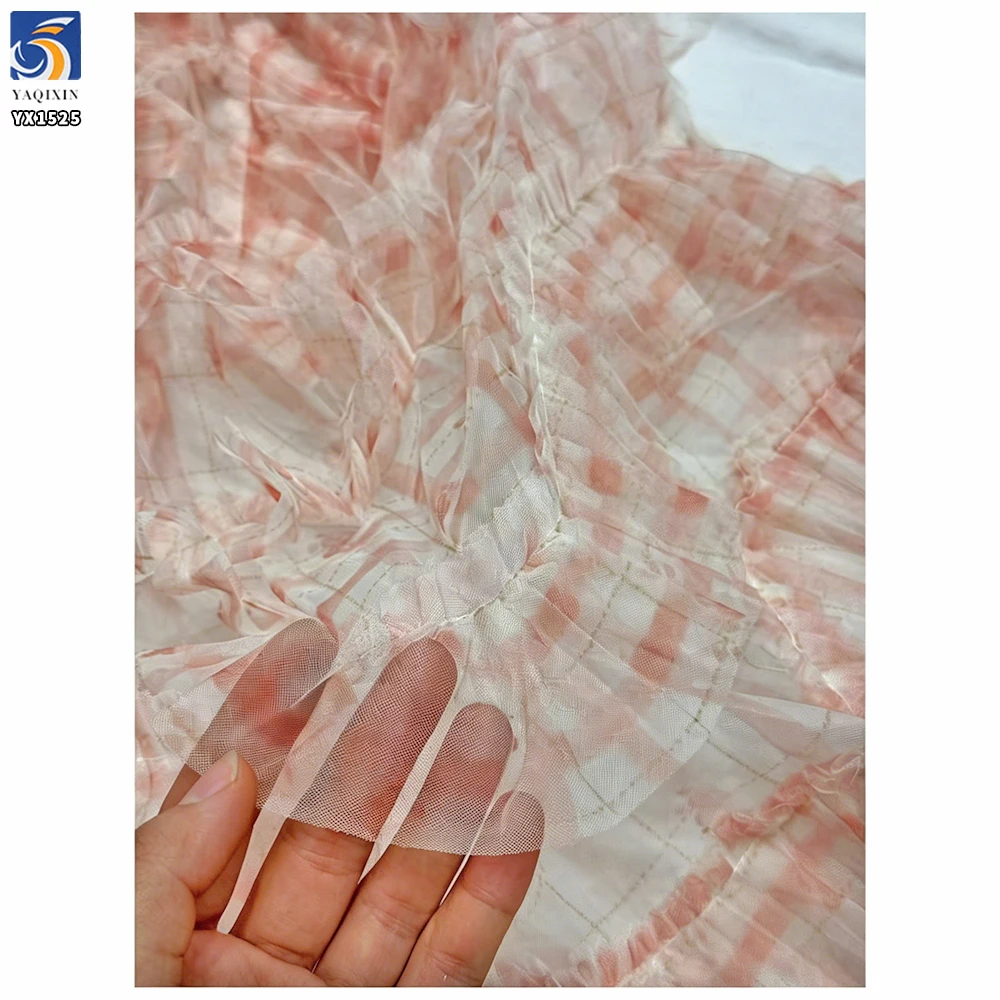 YX1525 New 100 Percent Soft Pleated Ruffle Tulle Fabric Plaid Printed Polyester Mesh Fabric for Women Puffy Skirt - 图片 6