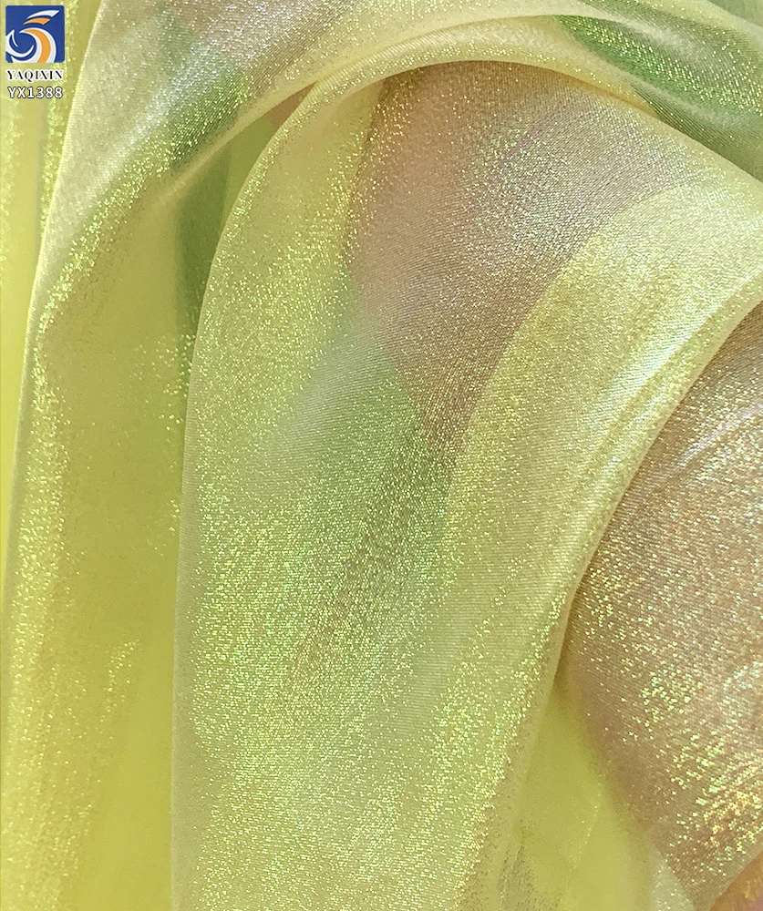 YX1388 45g Top Quality Colorful Rainbow Holographic Transparent Organza Fabric for Clothing Polyester Stiff Organza Fabric - 图片 3