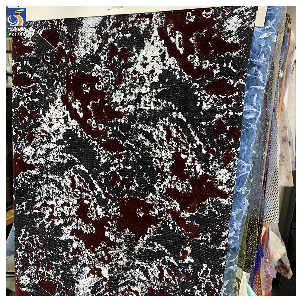 YX1359 High Quality Brands Custom 10oz 400gsm Flocked Denim Fabric Burgundy Polyester Stretch Flock Denim Fabric for Jackets - 图片 6