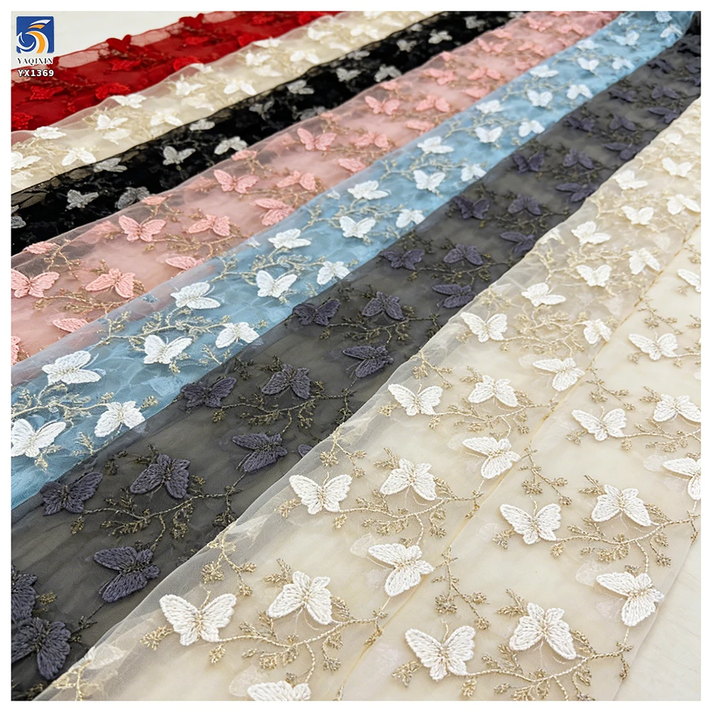 YX1369 New Product Launch 2026 Polyester Soft Tulle Mini 3D Embroidery Blue Butterflies Fabric Embroidered 3D Mesh Fabric - 图片 6