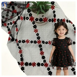 YX1381 Suppliers in Guangzhou China Customization Flock Fabric Knitted Small Florals Flocked Pretty Tulle Mesh Fabrics