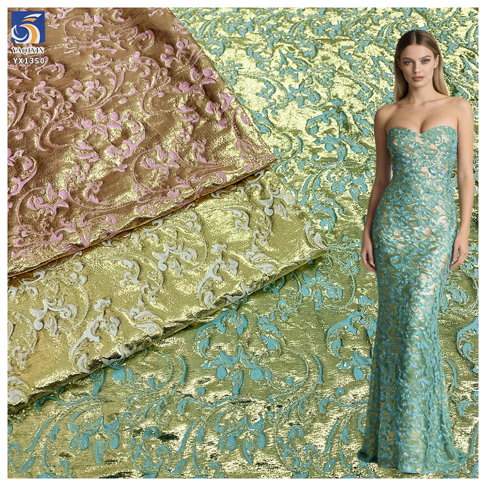 YX1350 Luxurious Two-Tone Gold Thread Lurex Brocade Fabric Polyester Brocade Jacquard Dress Fabric for Beautiful Woman