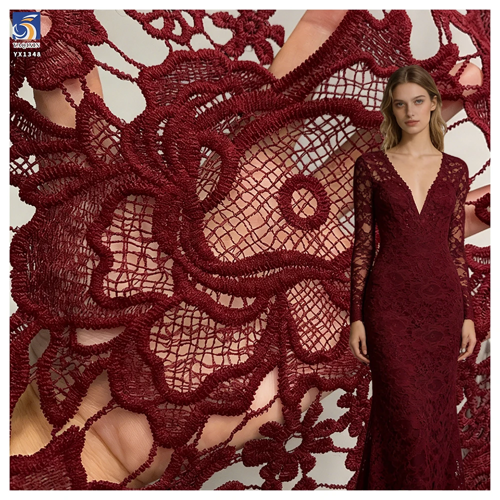 YX1348 Hot Selling Hollow Embroidery Large Flowers Dark Red Water-Soluble Lace Fabric 100% Polyester Milk Silk Lace Fabric