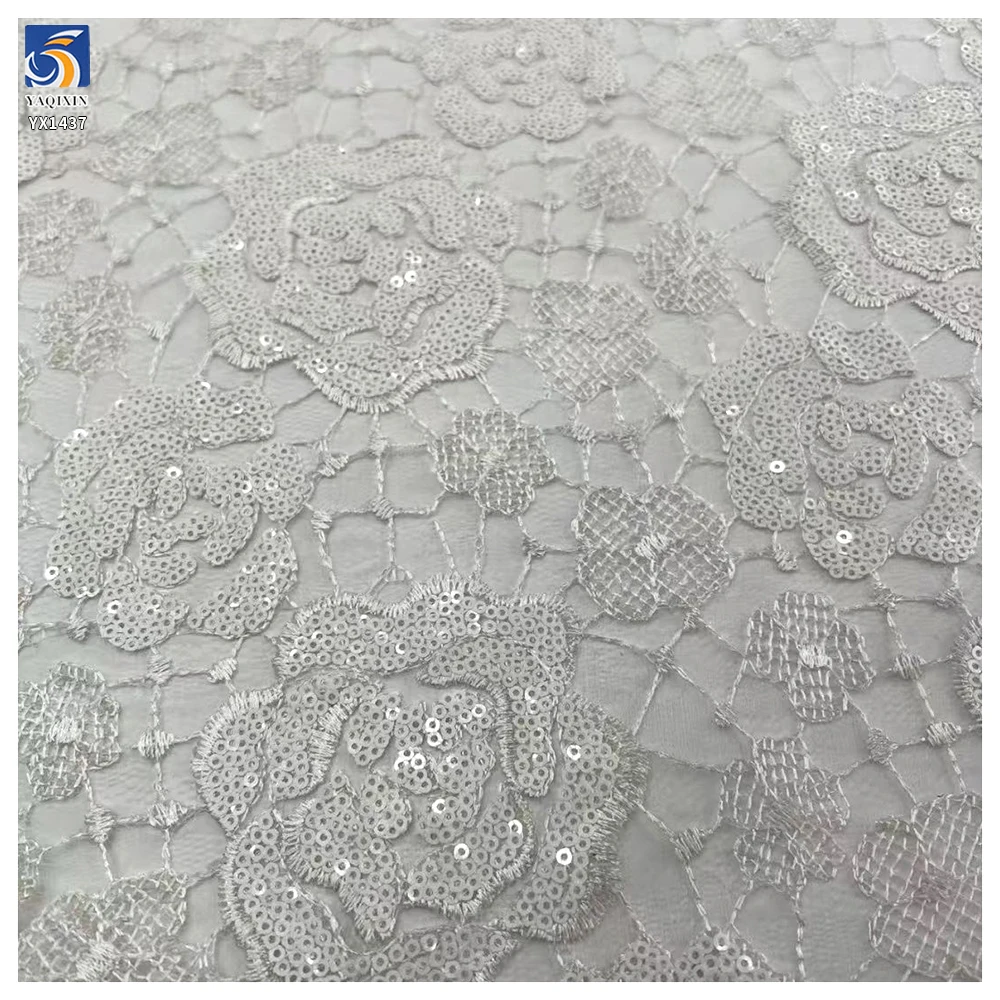 YX1437 Embroidered Big Florals Water Soluble Lace Fabric With 5mm Sequins for Bridal Wedding Dress & Evening Partywear Textile - 图片 4