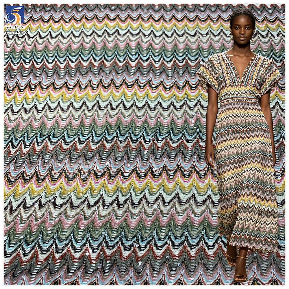 YX1447 300gsm 5mm Sequins Knit Jacquard Fabric 100 Percent Polyester Chevron Pattern for Dress and Swimwear