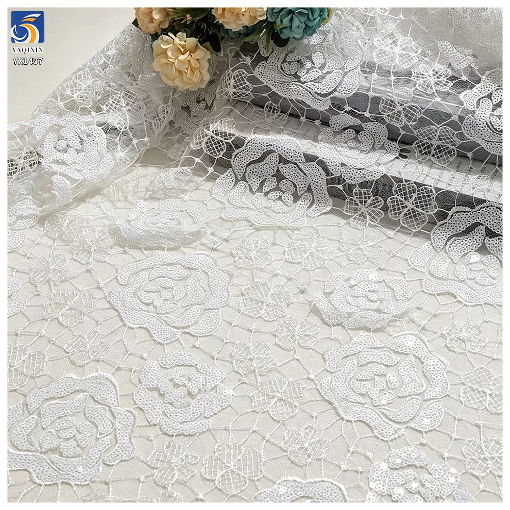 YX1437 Embroidered Big Florals Water Soluble Lace Fabric With 5mm Sequins for Bridal Wedding Dress & Evening Partywear Textile - 图片 6