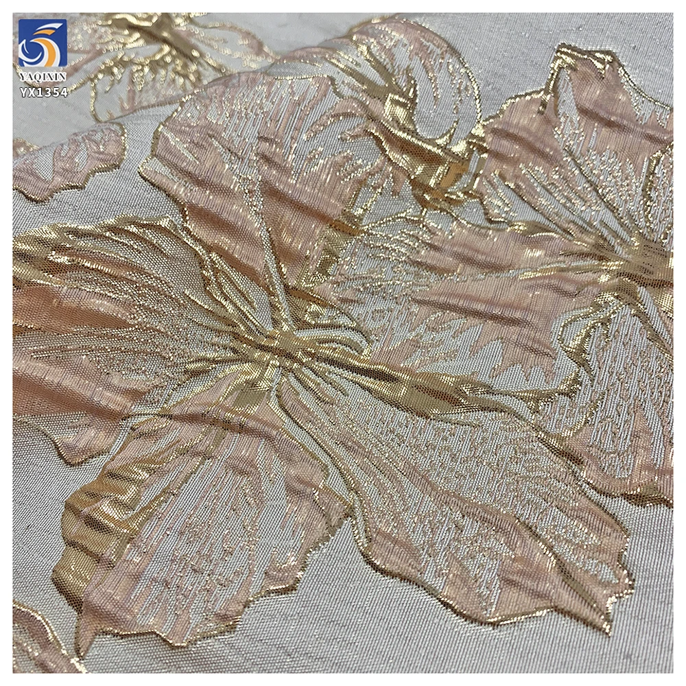 YX1354 High Quality 100 Polyester Soft Jacquard Chiffon Brocade Fabric With Flowers Two-Tone Gold Thread Brocade - 图片 4