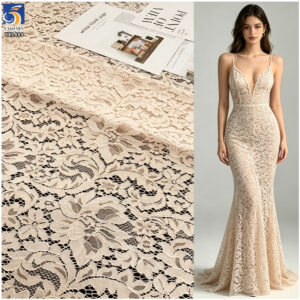 YX1488 Beige 70% Cotton 30% Nylon Lace With Raised Floral Texture for Gowns Bodices Sleeves and Fashion Tops