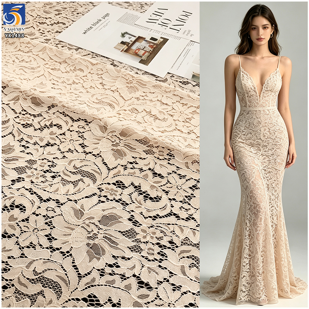 YX1488 Beige 70% Cotton 30% Nylon Lace With Raised Floral Texture for Gowns Bodices Sleeves and Fashion Tops
