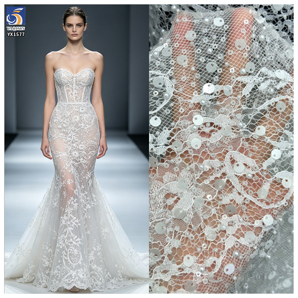 YX1577 Bubble Pearl Sequin Embroidered Lace Fabric for Wedding Gowns Dresses and Fashion Apparel