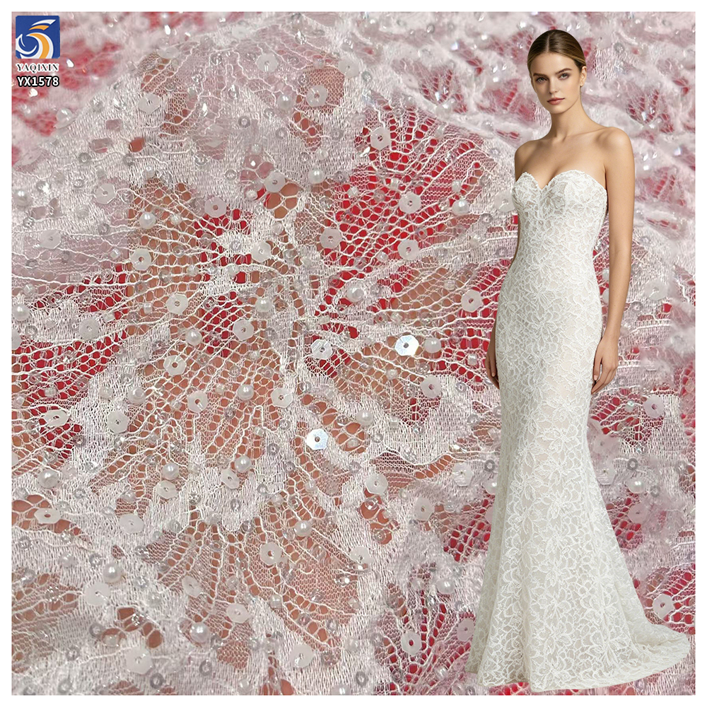 YX1578 White Sparkling Bubble Pearl Sequin Lace Fabric for Evening Dresses Party Gowns and Formal Garments