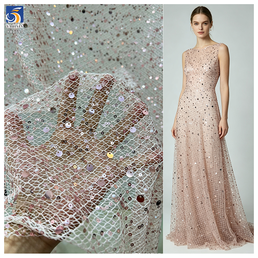 YX1581 Irregular Net Sparkling Sequin Pearl Beaded Embroidery Fabric for Women Evening Dresses and Fashion Apparel